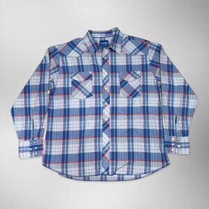 Wrangler Western Pearl Snap Shirt Mens L Plaid Blue Red Yellow